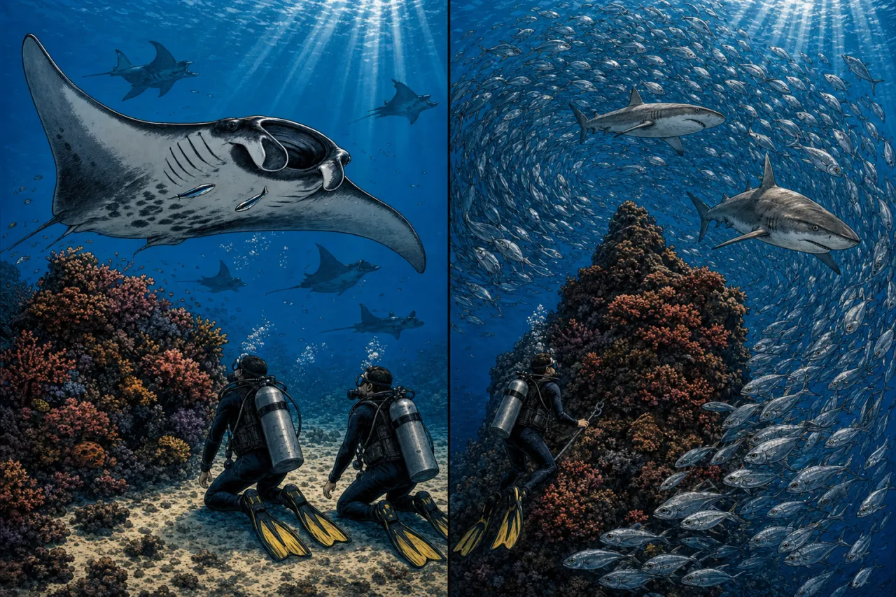 Side-by-side illustration of two iconic North Komodo dive sites: on the left, a reef manta ray glides above a coral cleaning station in The Cauldron while two divers kneel on the sand watching cleaner wrasse work; on the right, a cyclone of jacks and trevally swirls around a coral-encrusted volcanic pinnacle at Castle Rock with two grey reef sharks bursting through the school and a single diver hooked-in by a reef hook