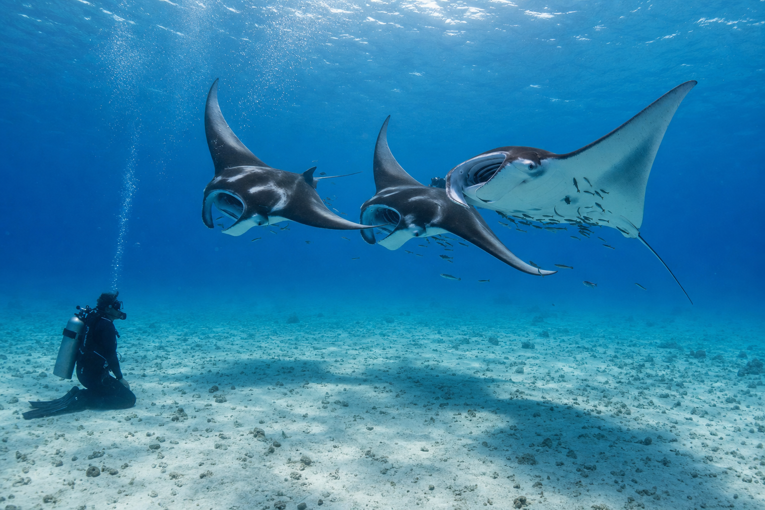 Three reef manta rays in formation at Manta Sandy cleaning station in Raja Ampat, with a single diver kneeling respectfully on the sandy bottom observing the cleaning pass