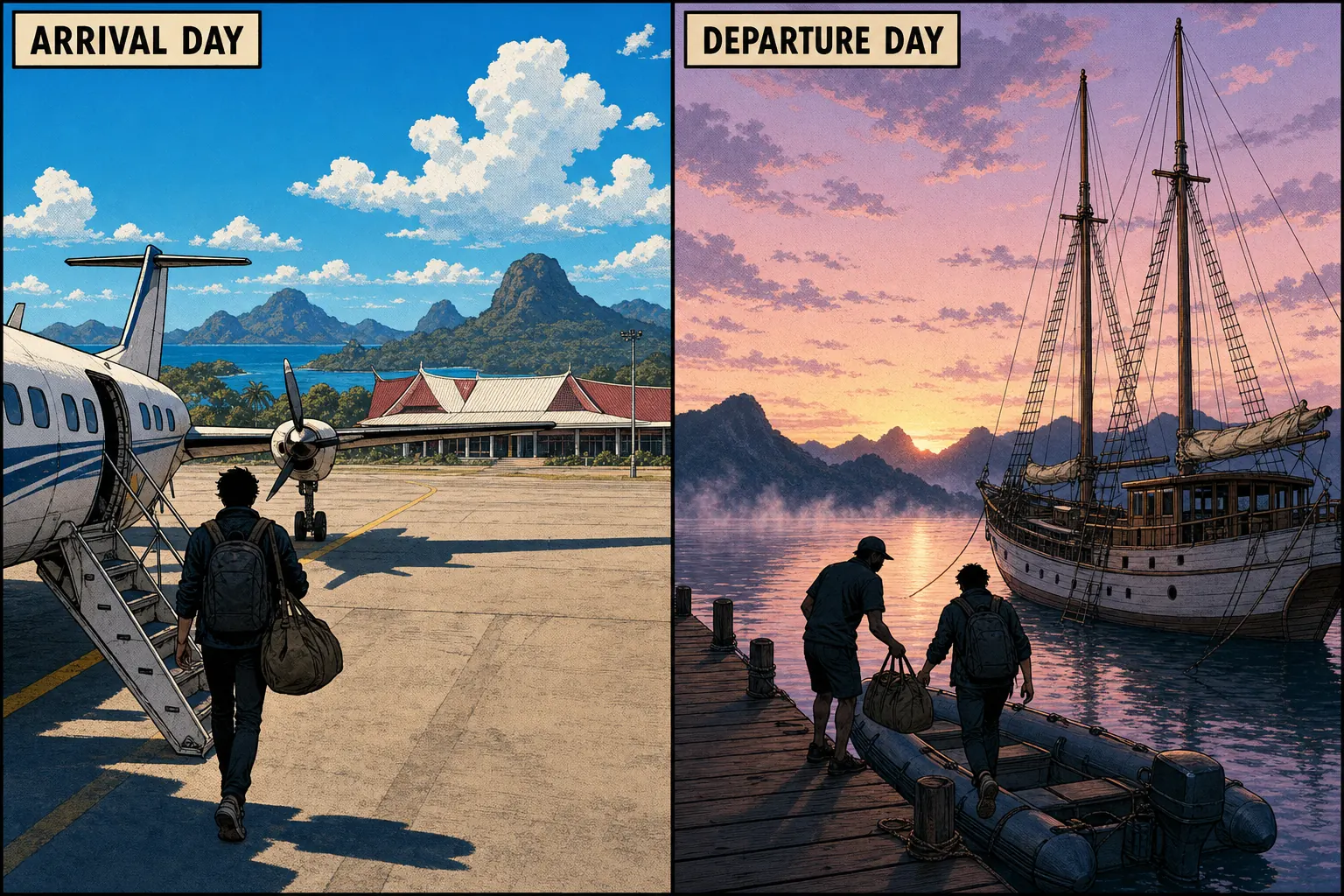 Side-by-side graphic-novel illustration of the bookends of a Labuan Bajo trip: on the left, arrival day at Komodo Airport at midday with the bright tarmac and a small twin-engine turboprop airliner parked, an anonymous traveller from behind walking down the airstairs with a soft duffel bag and a small backpack, layered volcanic-island silhouettes against a bright tropical blue sky and white cumulus clouds, the airport terminal with red-and-white roof in the middle distance; on the right, departure day at the wooden Labuan Bajo harbour jetty at first light just before sunrise, with a soft pink and lavender pre-dawn sky, the eastern horizon turning gold behind silhouettes of mountains, a phinisi liveaboard moored close to the jetty with its two tall masts barely visible against the sky, an inflatable tender alongside the jetty with two anonymous figures from behind one a crew member loading a soft cloth bag and the other a guest with a small carry-on backpack stepping off, soft mist rising from the calm water
