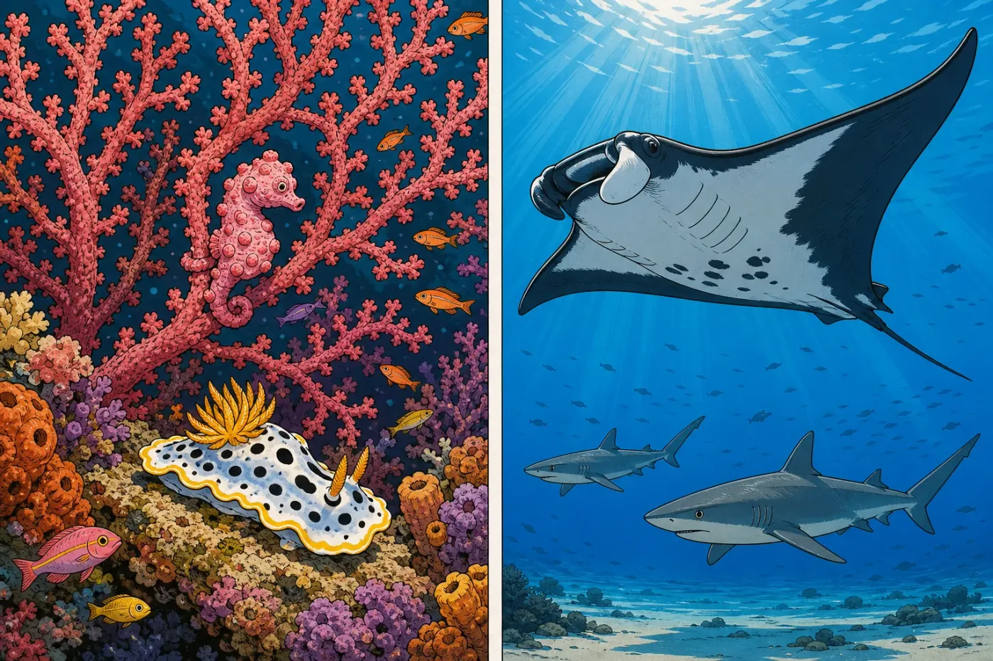海洋生物邂逅的并列对比：色彩斑斓的印度尼西亚珊瑚礁上一只粉红色侏儒海马和一只海蛞蝓，与马尔代夫水道清澈蓝色海水中游弋的蝠鲼和灰礁鲨