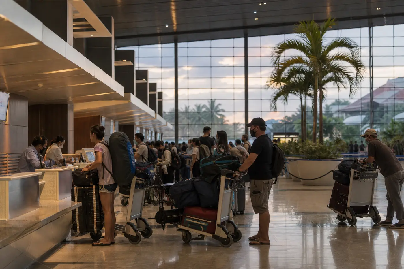 Early morning departure hall in a Southeast Asian airport with travellers checking in dive bags for Indonesia