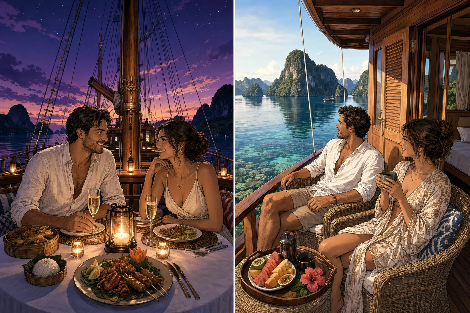 Side-by-side illustration of two intimate honeymoon moments aboard a Neptune Liveaboards phinisi yacht in Indonesia: on the left, a candle-lit private dinner for two laid out on the polished teak upper deck at dusk with sparkling wine, plated Indonesian food, and lantern light, while karst limestone islands silhouette against a deep purple twilight sky; on the right, the same couple seated together the next morning in wicker chairs on a sunlit private cabin balcony with a tropical fruit and coffee tray, looking out over a glass-calm bay with healthy reef visible just below the surface and forested limestone islands in soft early-morning light