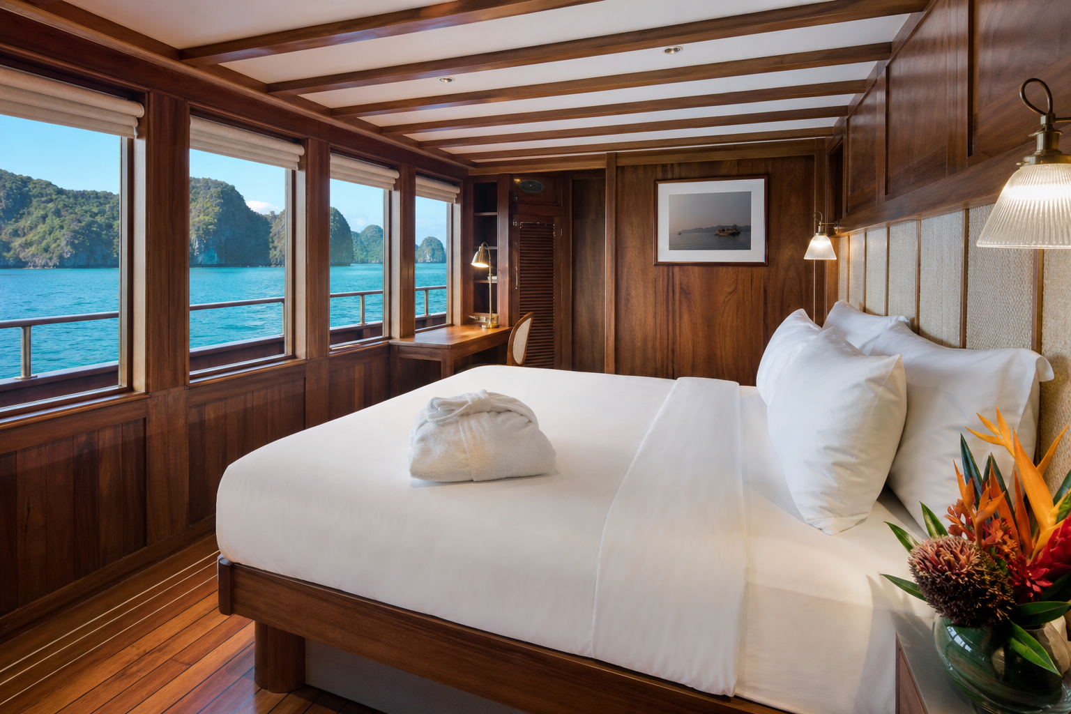 A master suite cabin on a luxury Indonesian phinisi-style yacht, with king-size bed in white linen, polished teak walls and floor, and large rectangular exterior windows looking out onto turquoise water and limestone karst islands
