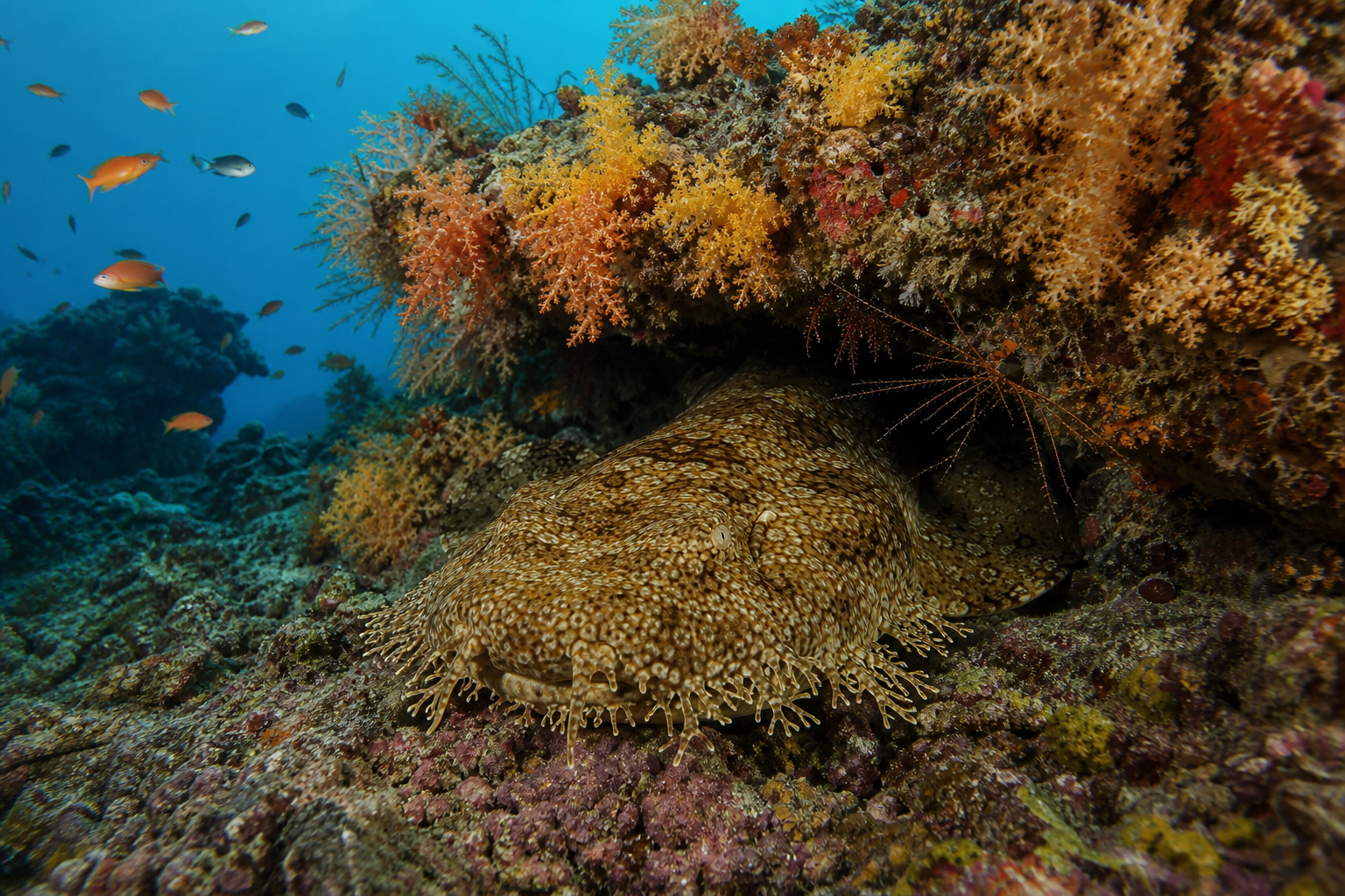 A tasselled wobbegong shark (Eucrossorhinus dasypogon) resting on a coral overhang in Misool, southern Raja Ampat, Indonesia, distinctive fringe of dermal lobes around its head clearly visible, mottled brown and tan camouflage pattern blending with the bright orange and yellow soft corals (Dendronephthya) and small whip corals on the ledge above. A few anthias hover above the coral in the blue water column.