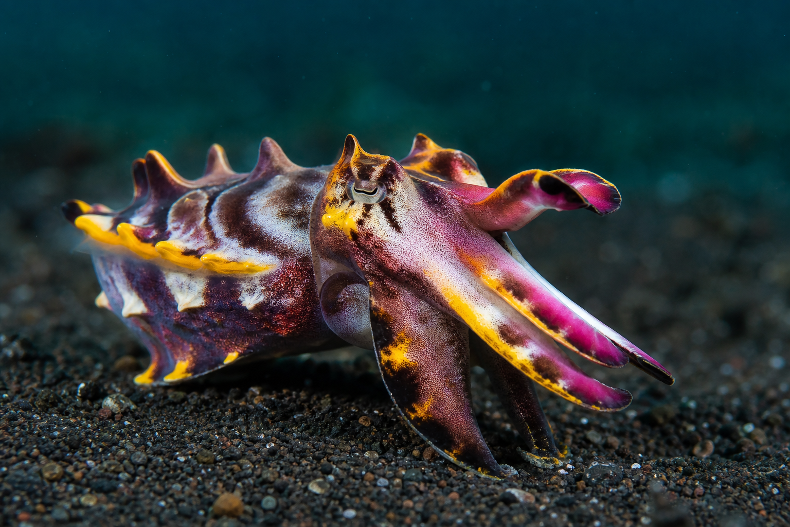 A flamboyant cuttlefish (Metasepia pfefferi) walking across black volcanic sand on its modified arms, with full purple, yellow, white and pink warning coloration on display