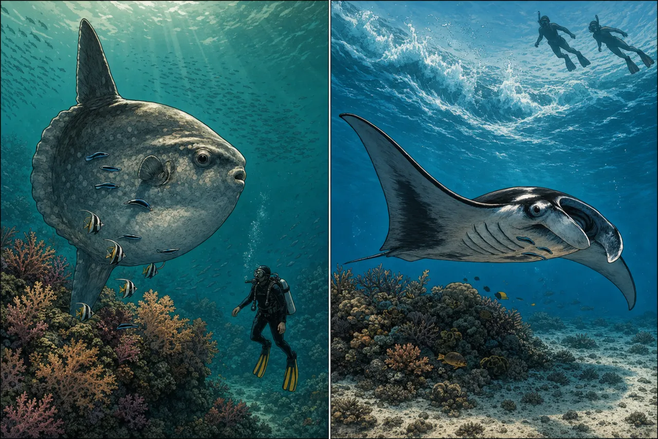 Side-by-side illustration of two iconic Nusa Penida dive sites: on the left, a vertical Mola alexandrini ocean sunfish hovers at a coral cleaning station in Crystal Bay with cleaner wrasse and bannerfish picking parasites from its flanks while a single diver watches from a respectful distance in the cool greenish upwelling water; on the right, a single reef manta ray glides horizontally across Manta Point with a pair of snorkelers silhouetted at the surface above