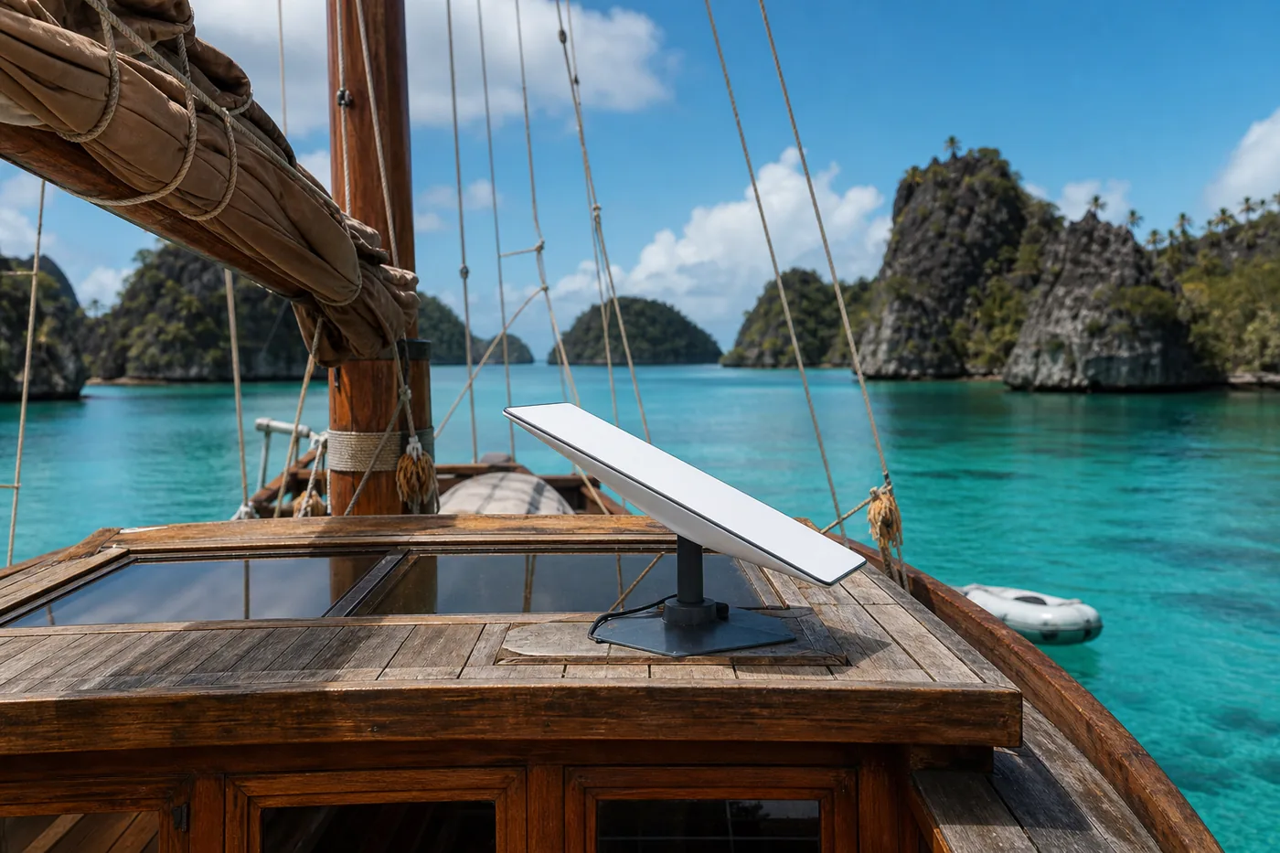 Starlink satellite dish mounted on the wooden deckhouse of a traditional phinisi liveaboard anchored among the karst islets of Raja Ampat