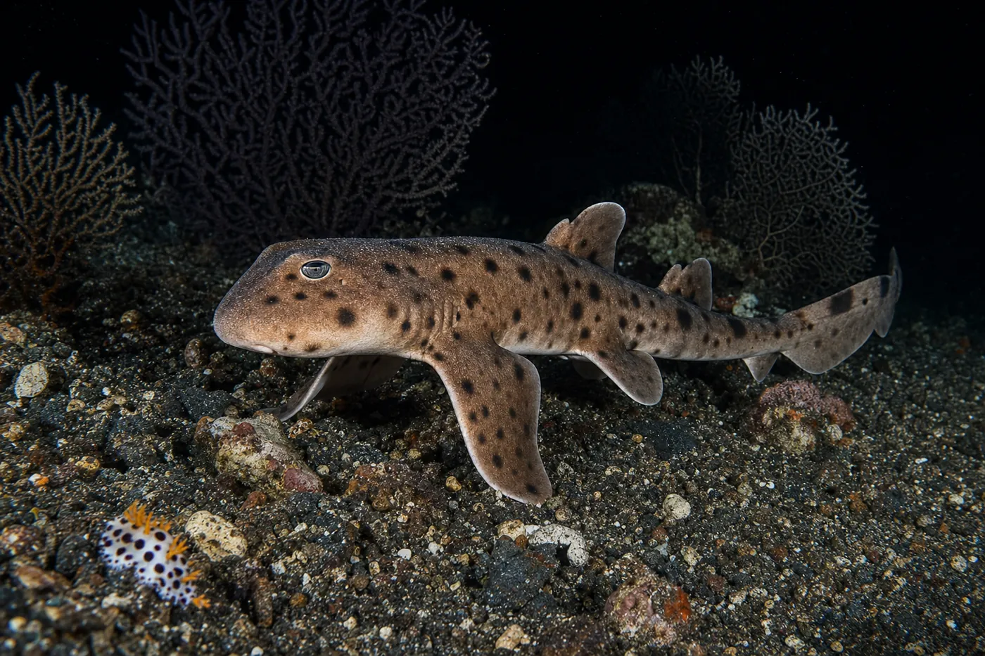 A Triton epaulette walking shark (Hemiscyllium trispeculare) walks on its pectoral fins along volcanic rubble at Black Forest dive site, Pulau Aiduma, Triton Bay, West Papua, Indonesia, on a night dive. Mottled brown body with characteristic dark spots visible under torch light, with black coral colonies in the background.