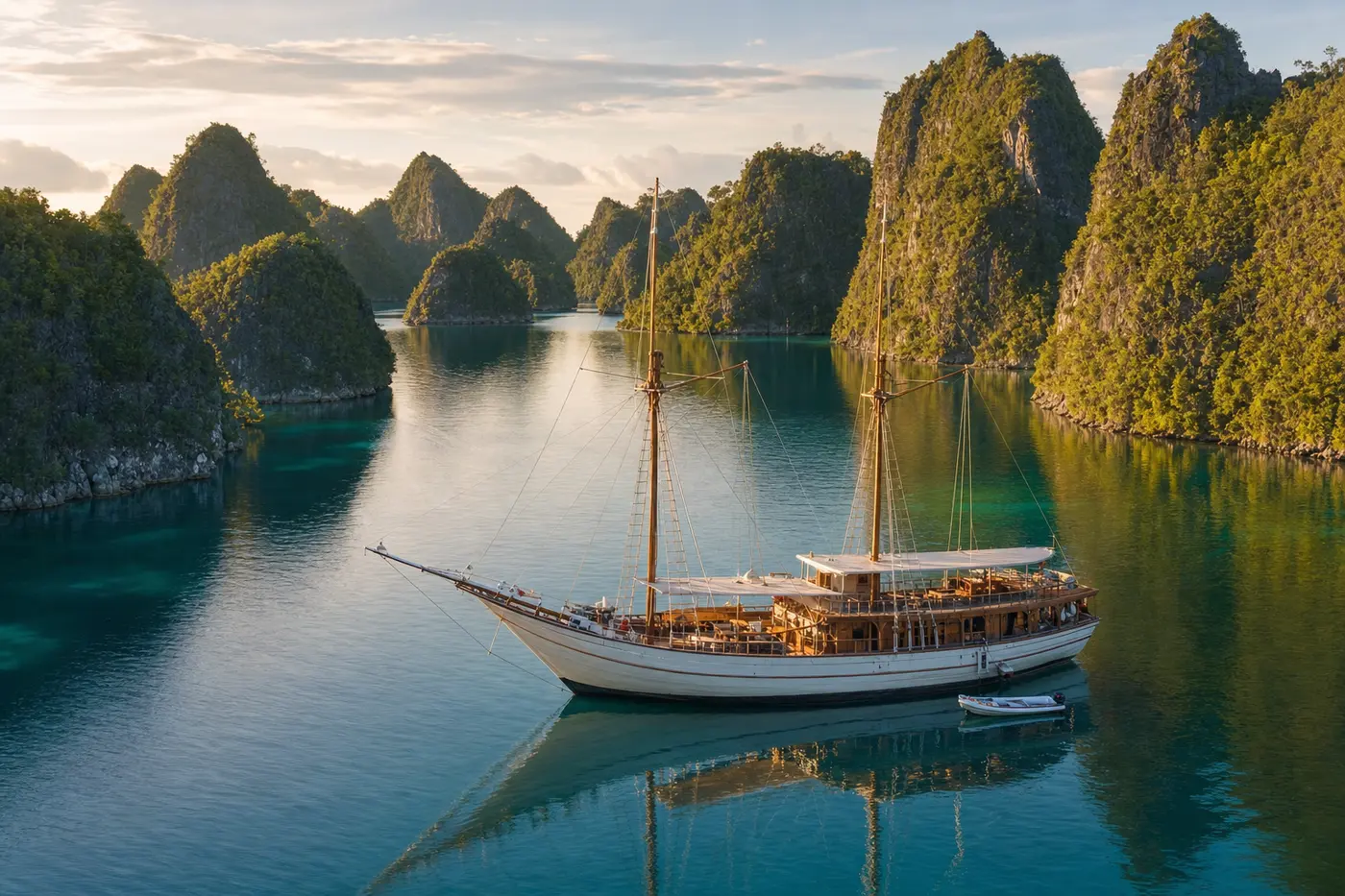 Traditional phinisi liveaboard at anchor among karst islets and turquoise lagoons in Raja Ampat