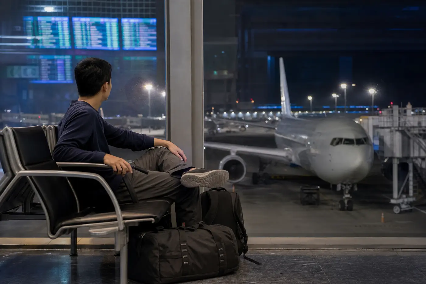 Traveller waiting overnight in an Asian airport transit terminal with a soft dive duffel en route to Indonesia