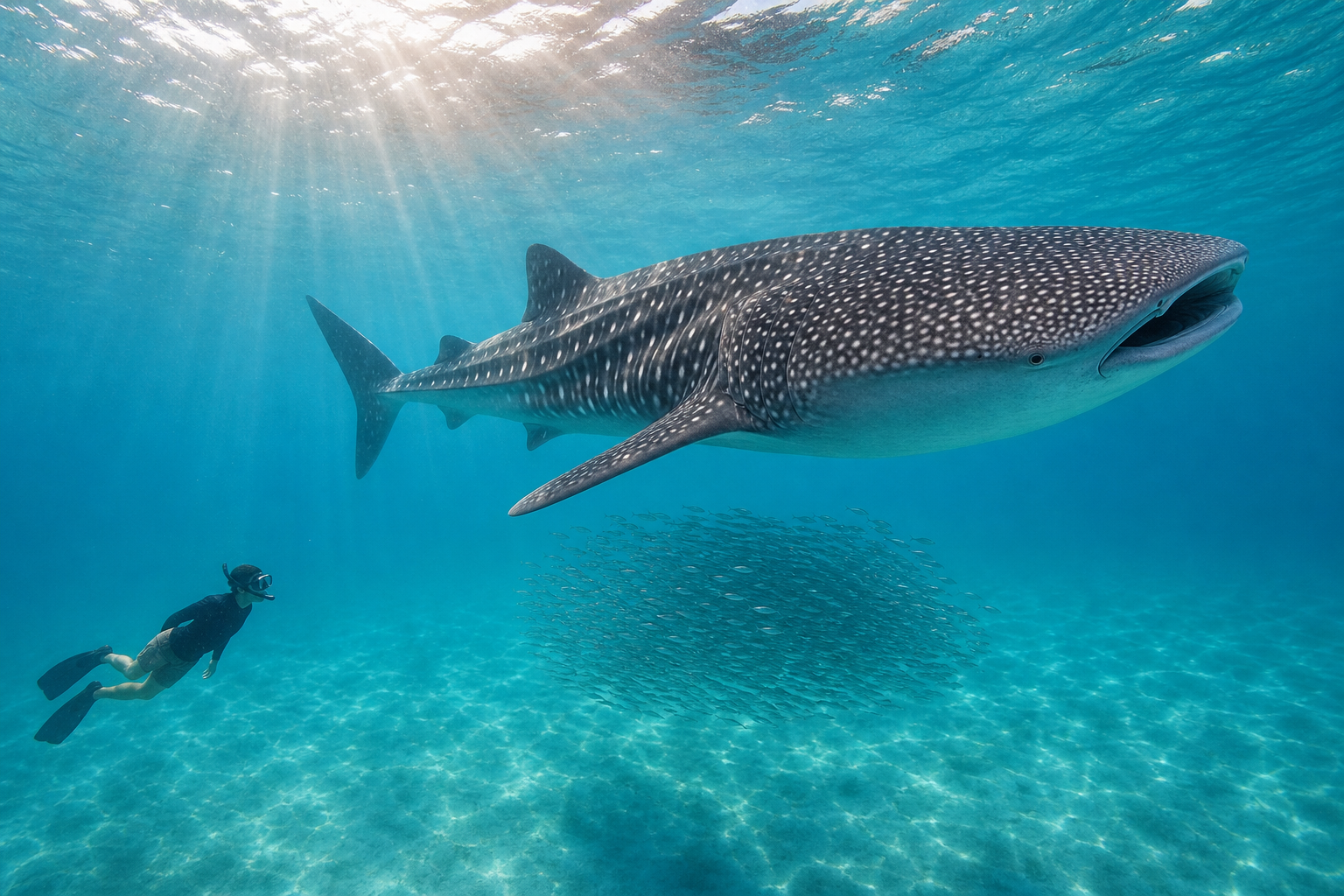 A juvenile whale shark (Rhincodon typus) about 5 metres long swims slowly through clear turquoise water near the surface at Saleh Bay, Sumbawa, Indonesia. The shark's distinctive bluish-grey skin with white spots and stripes pattern is clearly visible, lit by streaming god-rays from the dawn light. A single respectful snorkeller hovers at four-metre minimum distance for scale, observing the shark, with a tight ball of small silvery baitfish swimming below.