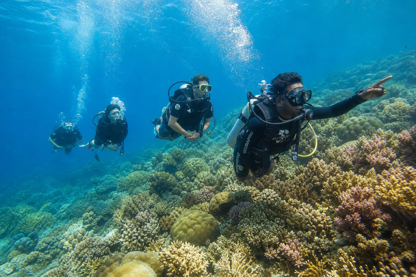 A dive guide leads a small group of three newer scuba divers in a relaxed single file along a gentle, sunlit hard-coral reef slope in Komodo, Indonesia. The divers have good buoyancy and look calm, illustrating a well-organised beginner-friendly dive with a low guide-to-diver ratio.