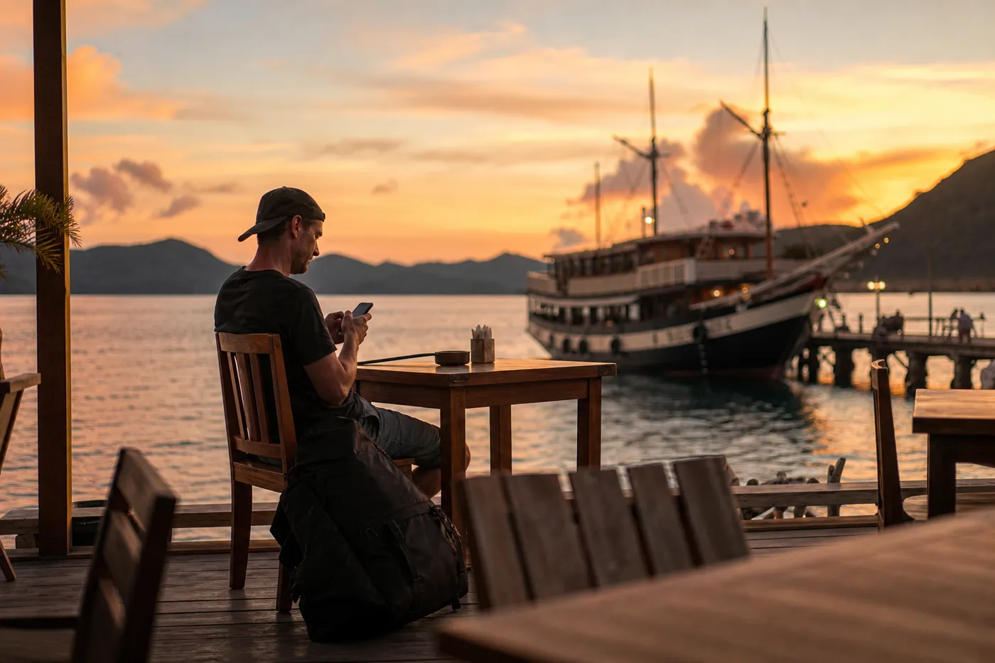 A traveller sits at a harbour-side table at sunset using a smartphone, with a wooden phinisi liveaboard moored at the jetty behind
