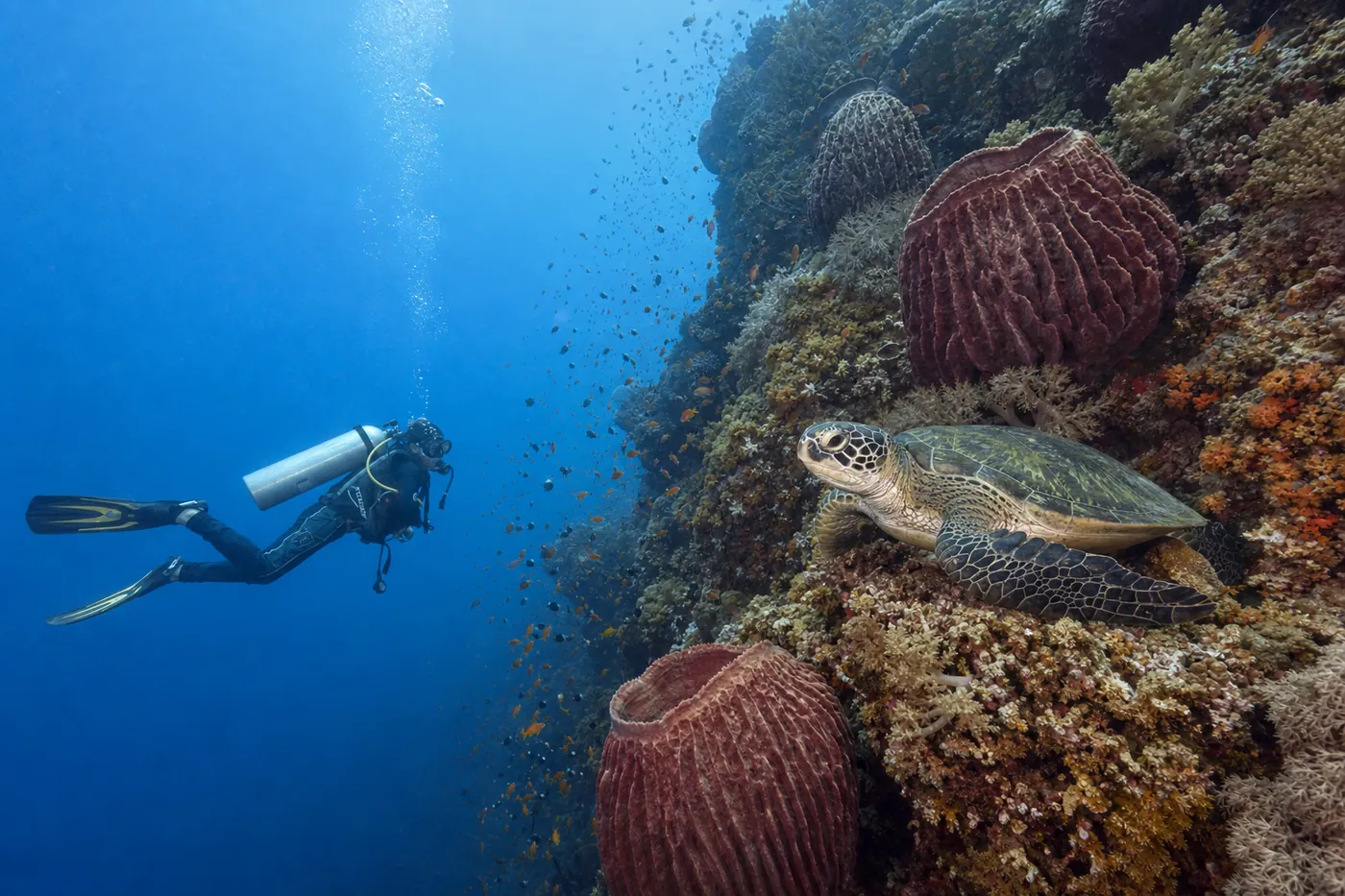 Diver drifting along the vertical coral wall at Lekuan, Bunaken, with a green turtle resting on a ledge among barrel sponges