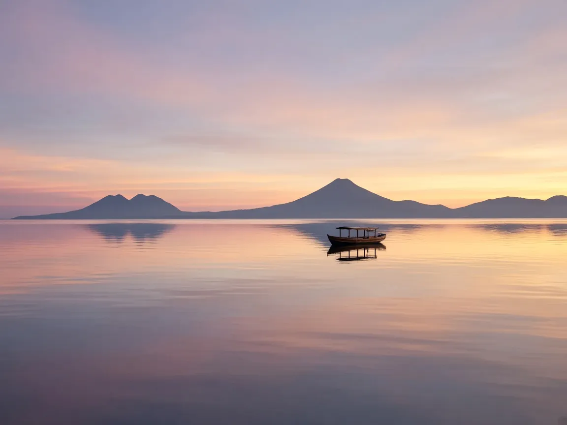 Calm glassy sea at sunrise near the volcanic Banda Islands during the October diving season