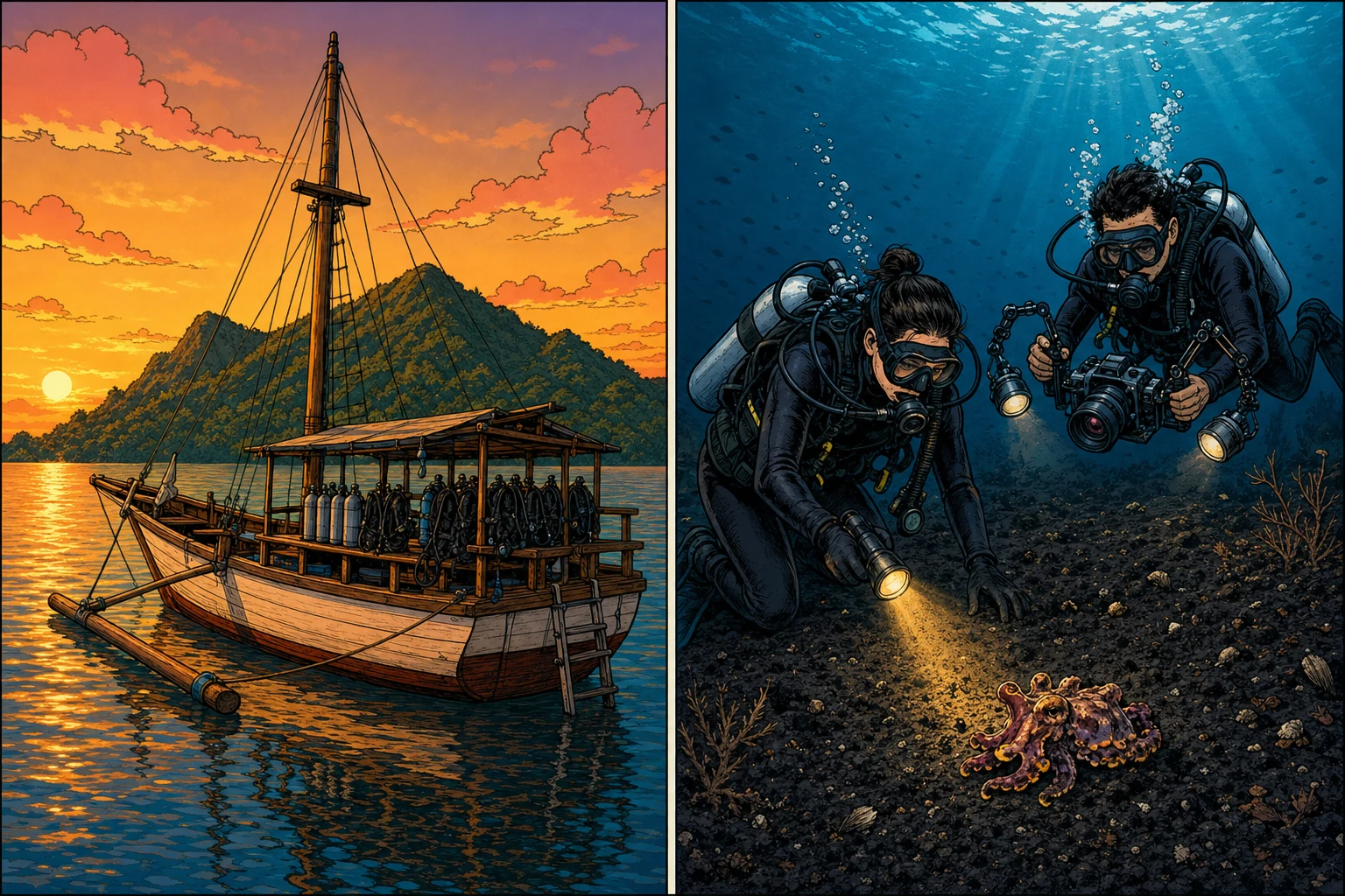 Illustrazione fianco a fianco dell'esperienza di immersione a Lembeh: a sinistra una tradizionale barca da immersione indonesiana in legno ancorata al tramonto davanti alla silhouette del crinale vulcanico dell'isola di Lembeh, a destra due subacquei sott'acqua su un pendio di sabbia vulcanica nera, uno che illumina un piccolo polpo con una torcia mentre l'altro lo fotografa con una fotocamera macro