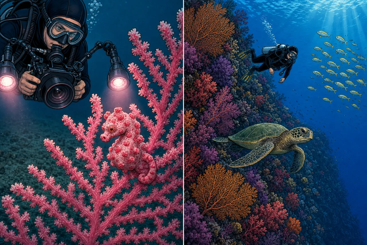 Side-by-side illustration of two distinctive Bali dive scenes: on the left, an underwater photographer with a macro camera and twin strobes lights up a tiny pink pygmy seahorse perfectly camouflaged on a vivid pink gorgonian sea fan at Tulamben; on the right, a single diver glides along the clear-water Menjangan Island wall covered in dense purple, red and orange soft corals as a green sea turtle cruises past in the foreground and a school of yellow fusiliers hovers in the deep blue