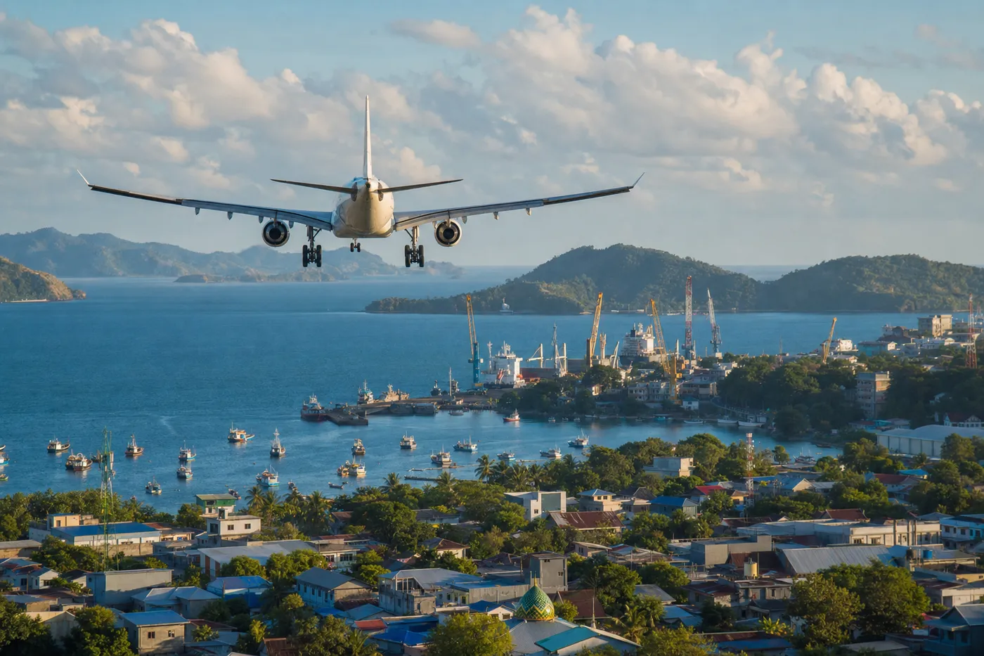 Passenger jet on final approach over the harbour of a tropical Indonesian port city, the last flight leg before Raja Ampat