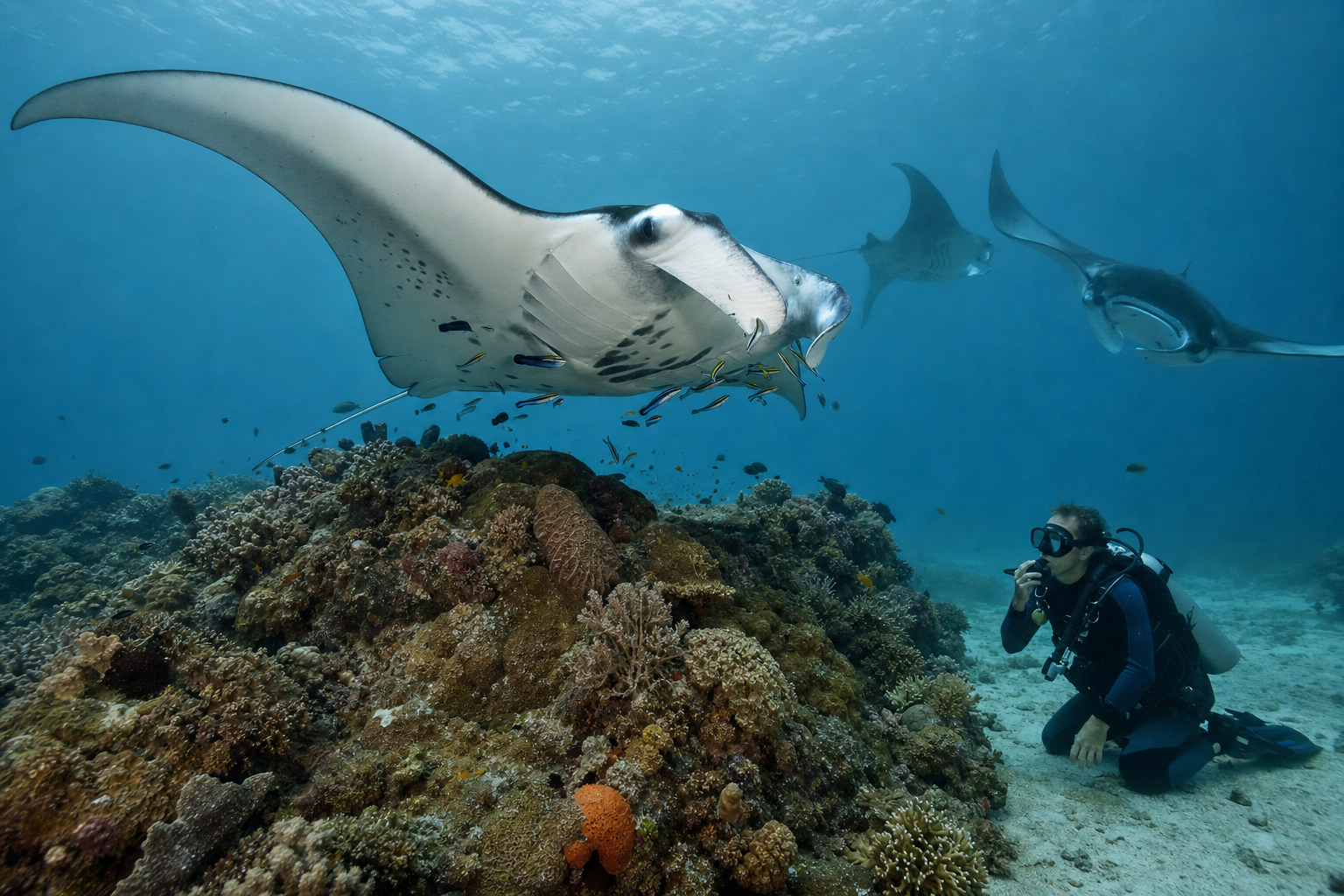 A reef manta ray (Mobula alfredi) glides over the cleaning station on the Magic Mountain seamount in Misool, southern Raja Ampat, Indonesia, with cleaner wrasses attending and two more reef mantas circling in the background blue water column. A diver crouches motionless on the sand flat at 20 metres beside the station, demonstrating the conservative manta etiquette enforced at the site.