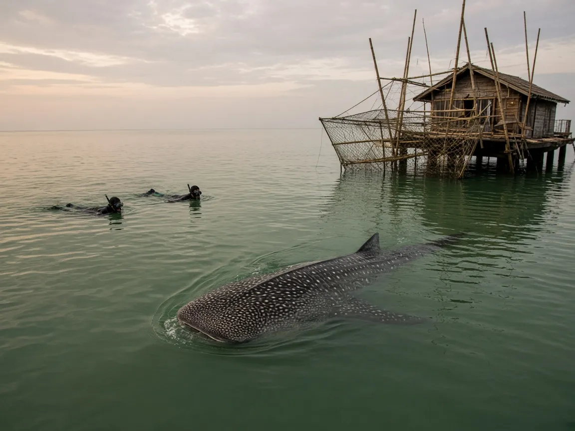 A whale shark feeding beside a wooden bagan fishing platform at dawn in Saleh Bay, Sumbawa, with snorkellers at the surface