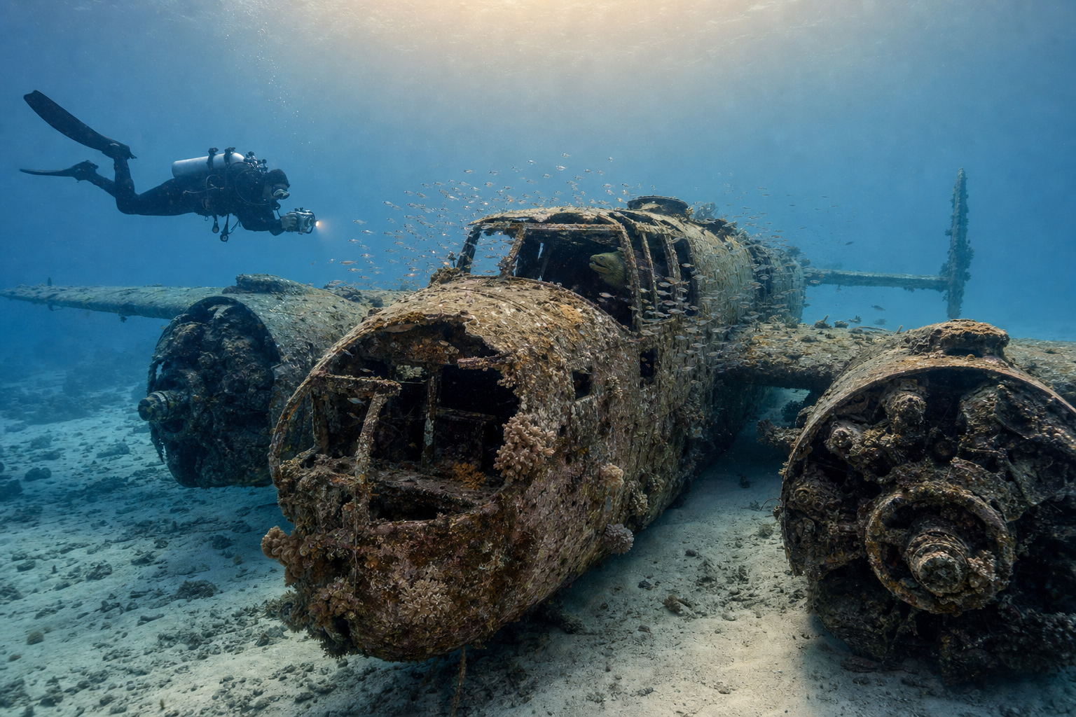 The B-25 Mitchell bomber wreck off Tanjung Sangowo, Morotai Island, Halmahera, Indonesia, sitting upright on a sand flat at 22 metres depth. The fuselage is encrusted with hard and soft coral growth, both radial engines are recognisable, the cockpit canopy is partially open, and a school of glassfish hovers around the cockpit. A solo diver hovers respectfully off the wing in the blue water column with golden afternoon light filtering down.
