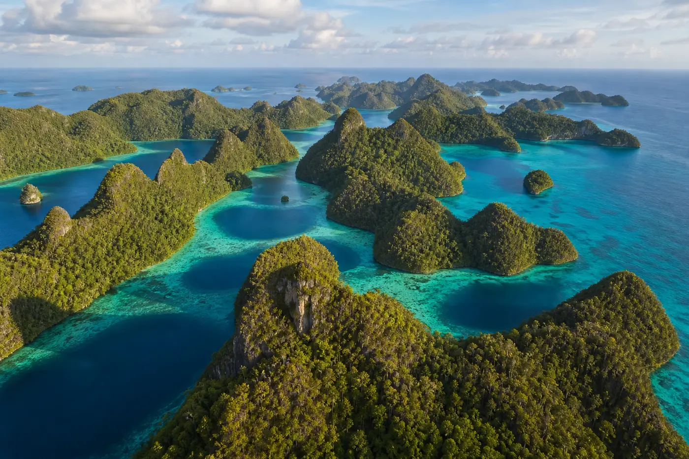 Vista aérea tomada desde un dron de las islas Wayag, en Raja Ampat: islas kársticas con forma de cono situadas en lagunas de color turquesa que se extienden hasta el horizonte
