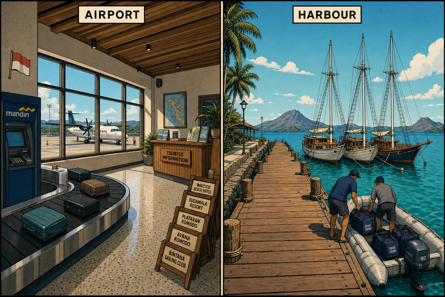 Side-by-side graphic-novel illustration of the two arrival points in Labuan Bajo: on the left, the interior arrivals lobby of Komodo Airport at midday with terrazzo floors, polished wooden ceiling beams, large windows showing the bright tarmac with a parked twin-engine turboprop, a luggage carousel rotating with suitcases on it, a small wooden tourist information desk, a row of hotel-pickup placards leaning against a wall, and a Bank Mandiri ATM in the corner; on the right, the wooden Labuan Bajo public jetty stretching out into a calm turquoise bay at midday with three traditional Indonesian phinisi liveaboards moored in the bay, their two tall masts and rolled cream sails rising against a sunny tropical sky, coconut palms lining the quay, and crew members loading dive bags into an inflatable tender boat tied to the jetty