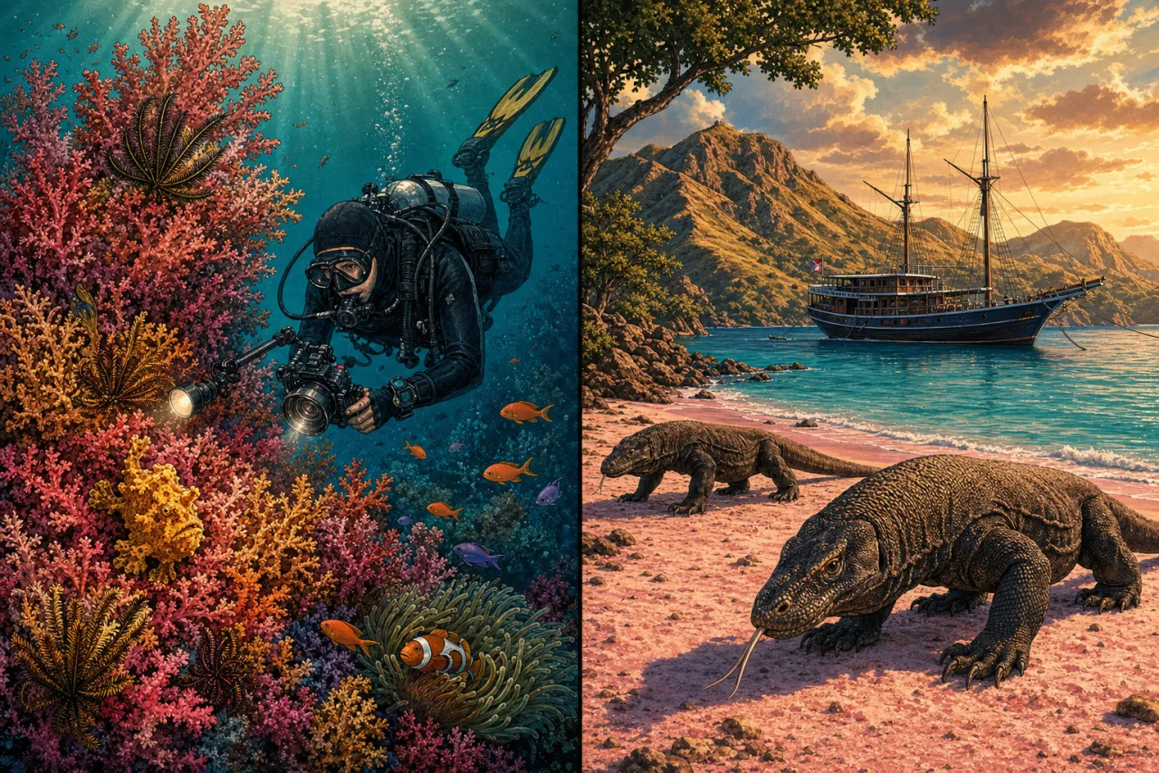 Side-by-side illustration of South Komodo and the Komodo island topside experience: on the left, a single scuba diver hovers next to the Cannibal Rock soft-coral pinnacle photographing a tiny camouflaged frogfish among red, pink, orange and yellow corals; on the right, two Komodo dragons walk across Pink Beach with a traditional Indonesian phinisi liveaboard schooner anchored in the turquoise bay behind them at golden hour
