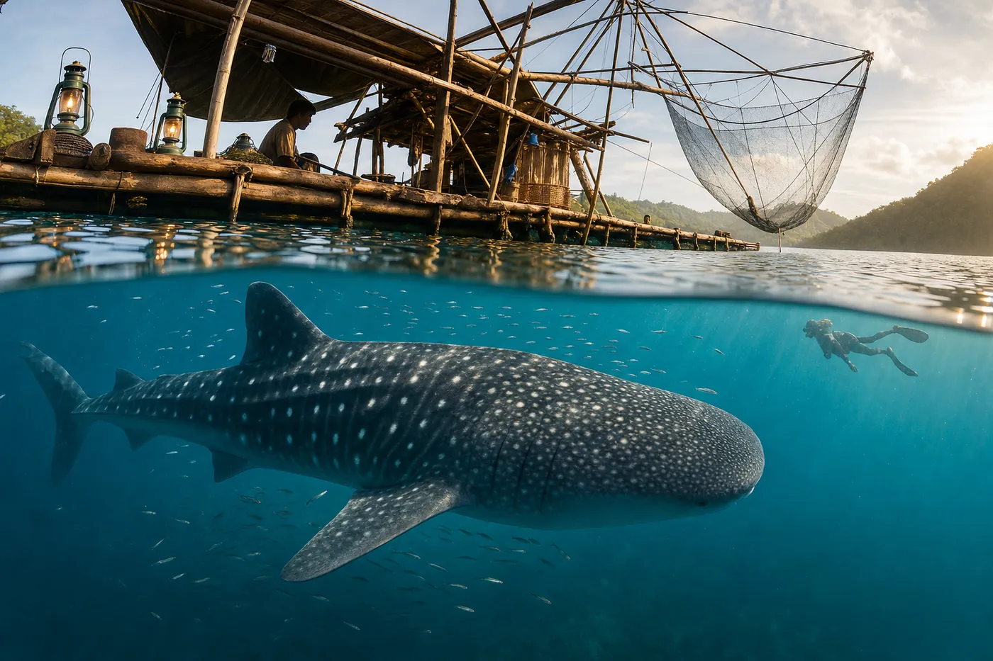 A juvenile whale shark swims near the surface beside a traditional Indonesian bagan fishing platform at Namatota, Triton Bay, Kaimana, West Papua, Indonesia, at dawn. Golden morning light filters through clear turquoise water as the shark feeds near the wooden lift-net raft. A respectful snorkeller observes from four-metre minimum distance.