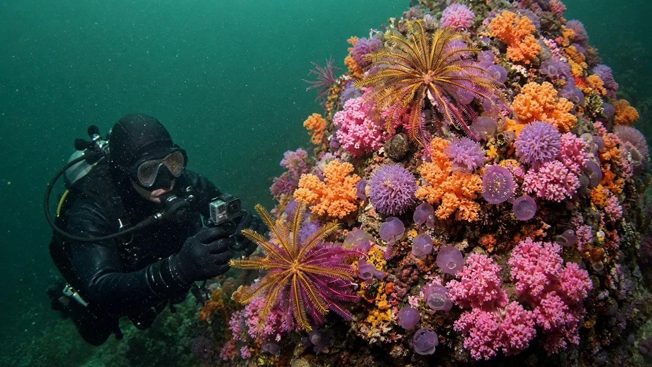 Diver photographing dense soft corals, crinoids and sea apples on a cold-water pinnacle in Horseshoe Bay, south Komodo