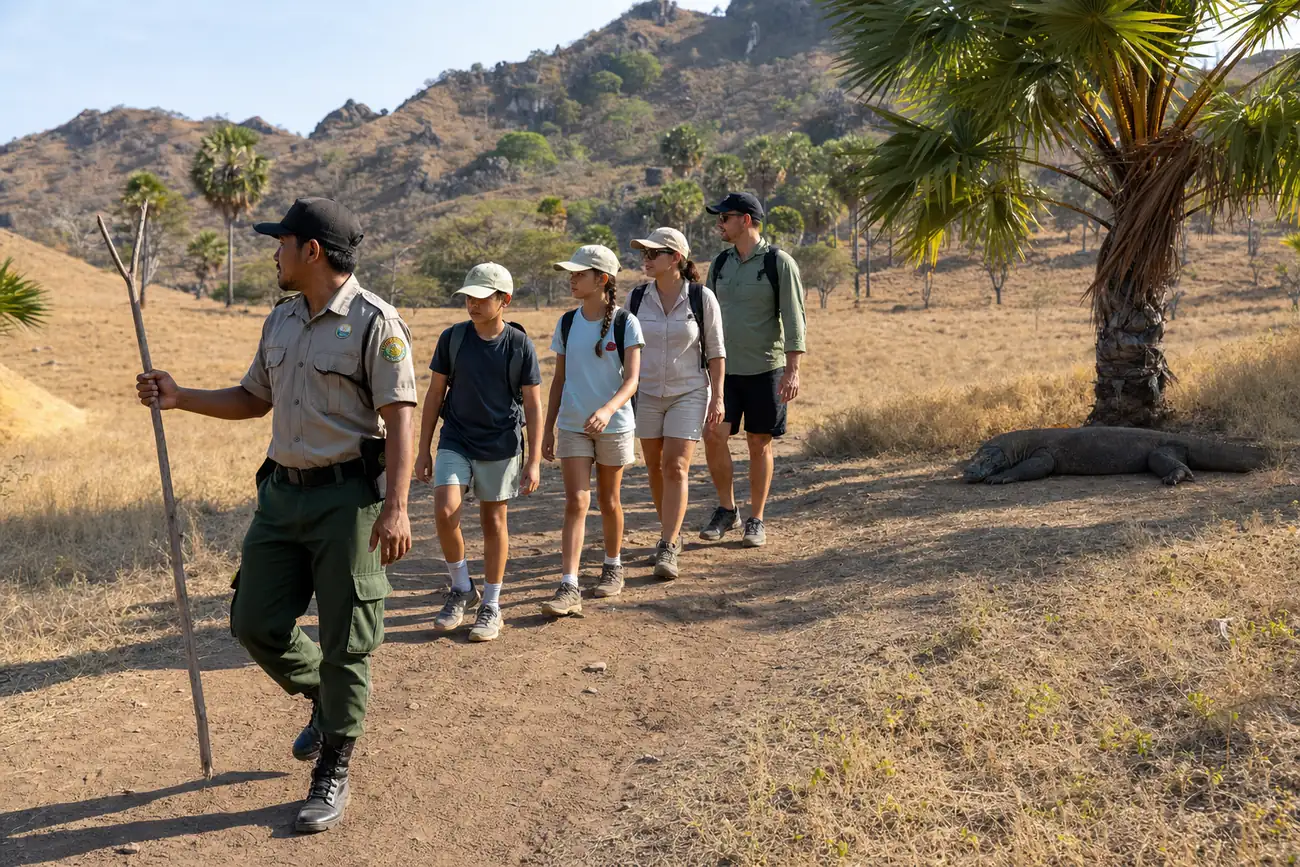 Park ranger with a forked staff leading a family with two children along a savannah trail on Rinca Island while a Komodo dragon rests in the shade