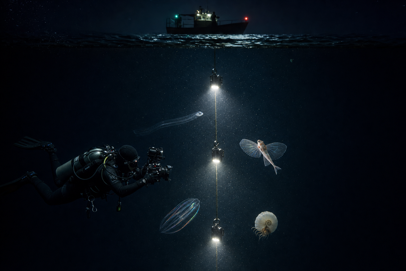 Single underwater photographer hovering in horizontal trim at twenty metres depth in pure black mid-ocean water beside a vertical weighted black-water downline rigged with three high-intensity LED panel lights spaced at five, ten and fifteen metres, the lit cone of attractant water around the line populated with a transparent leptocephalus eel larva, a small juvenile flying gurnard with extended pectoral fins like glass wings, an iridescent comb jelly, and a delicate paper nautilus shell drifting at the edge of the lit zone, the surface above showing the silhouette of a small drifting dive boat with navigation lights