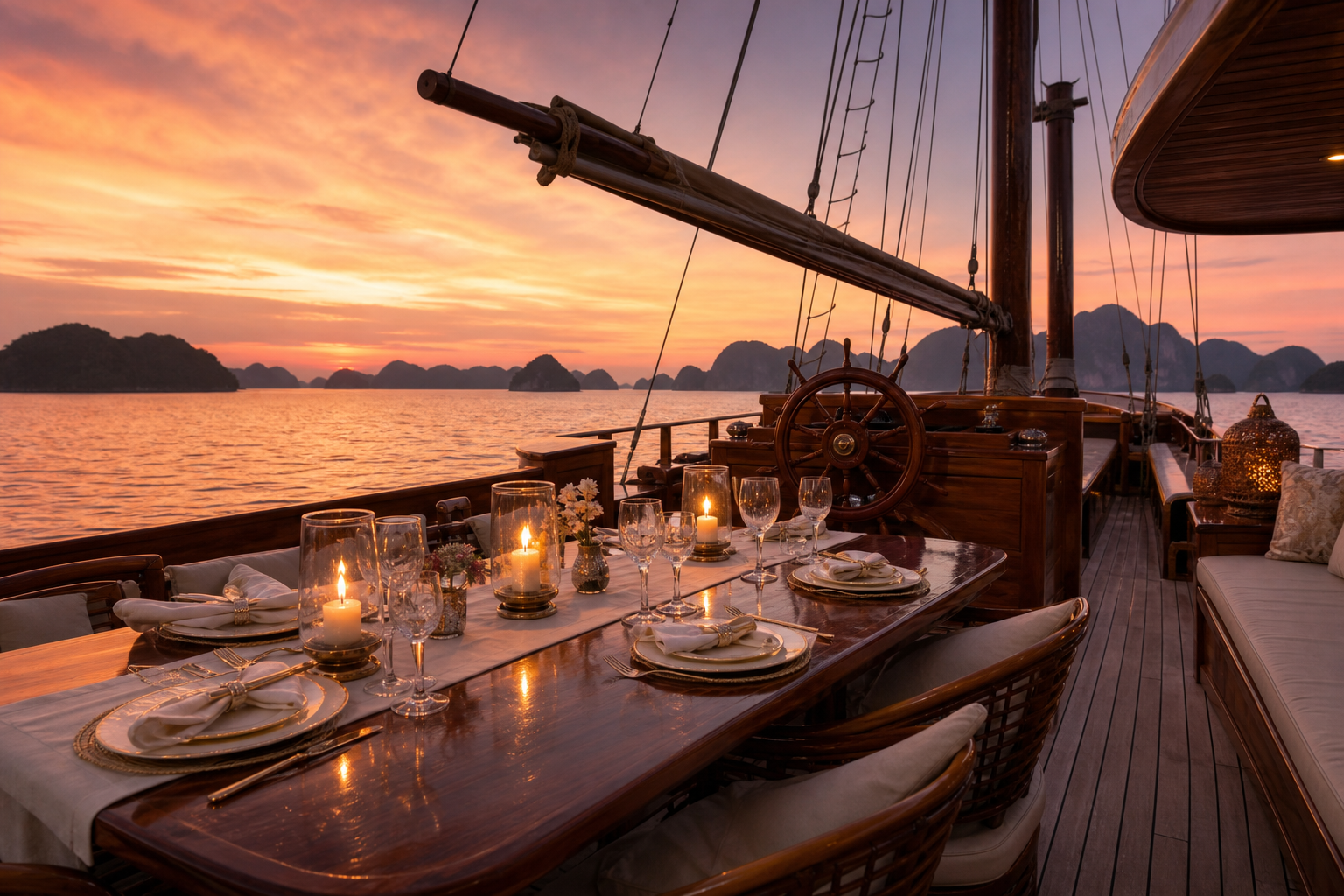 The open-air dining deck on a luxury Indonesian phinisi-style yacht at sunset, with a polished teak table set for an intimate dinner with white linen, candle hurricanes and crystal glassware, the ship's wooden wheel and varnished masts visible behind, and karst islands silhouetted against a rose-and-gold sky
