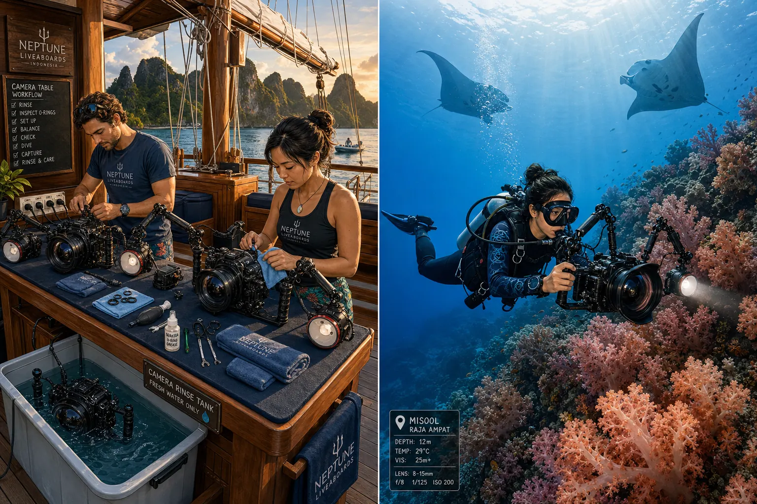 Side-by-side illustration showing how a photo-friendly liveaboard sets up its photographers for success: on the left, the dive deck of a phinisi liveaboard at golden hour with a padded raised wooden camera table laid out with several DSLR housings, dual-strobe rigs on float arms, charging cables routed to a multi-outlet power bank, a separate freshwater camera rinse tank with one housing soaking, and two photographers carefully prepping their gear; on the right, the same female photographer underwater at a Misool Raja Ampat soft-coral wall in textbook horizontal trim at safe distance from the reef, composing a wide-angle frame on the soft-coral garden with a pair of mantas in the upper blue-water background