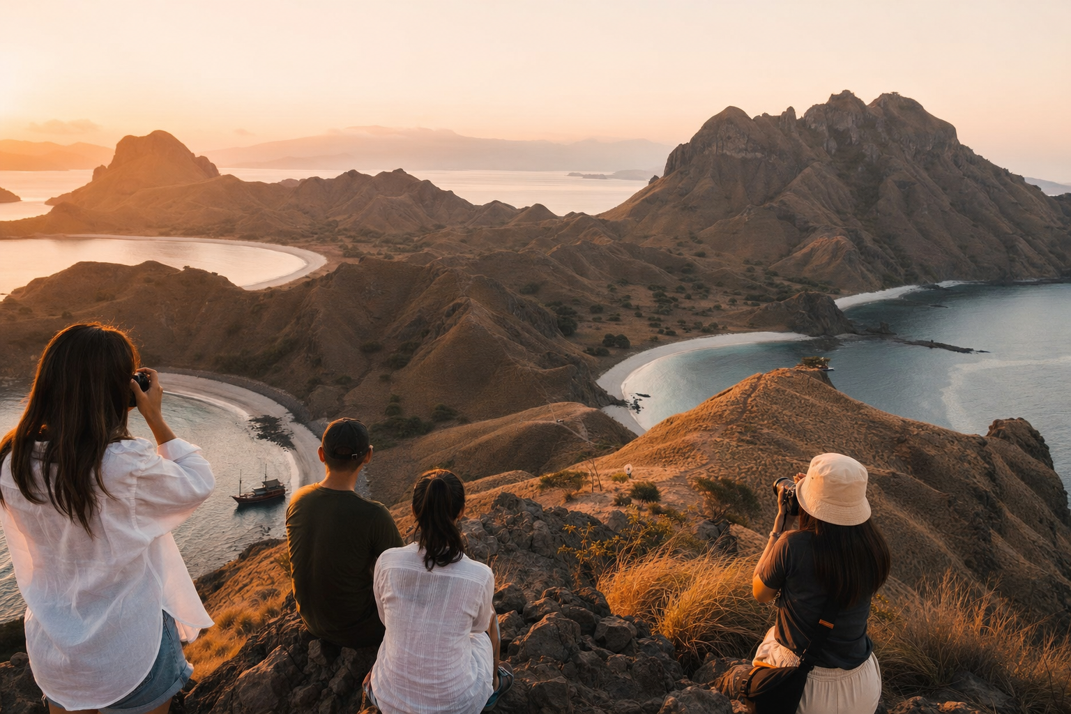 Group of casually dressed liveaboard guests photographing the three-bay panorama from the Padar Island viewpoint at sunrise in Komodo National Park, with a wooden phinisi liveaboard yacht visible at anchor in one of the bays below