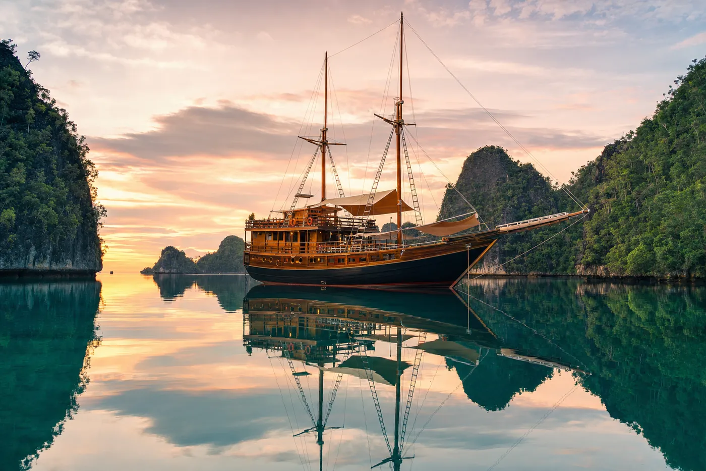 Wooden phinisi liveaboard at anchor in a glassy calm lagoon between karst islands of Raja Ampat at sunrise, mirror-flat water reflecting the boat