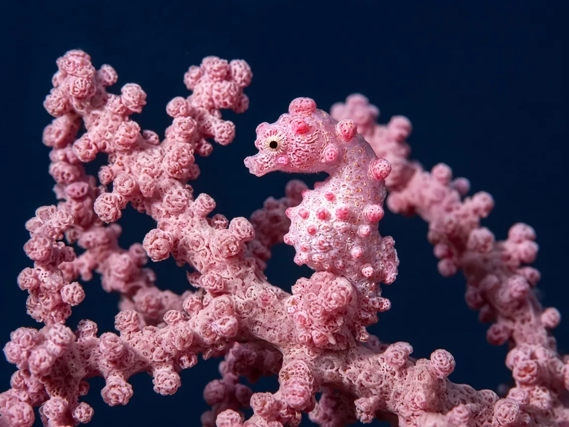 A pygmy seahorse clinging to a pink sea fan on a clear-water wall in Wakatobi National Park, Indonesia