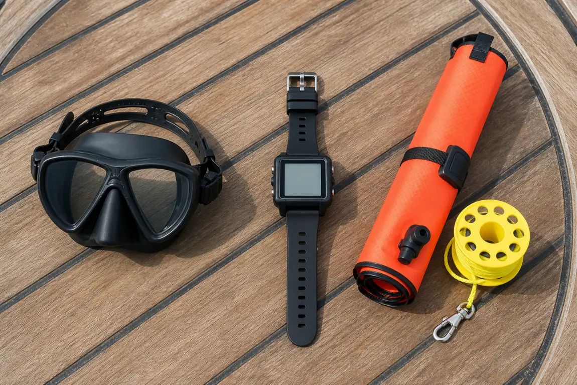 A flat lay of the first three pieces of scuba gear worth buying: a low-volume dive mask, a wrist dive computer, and a rolled orange surface marker buoy with a finger spool, arranged on a wooden boat deck