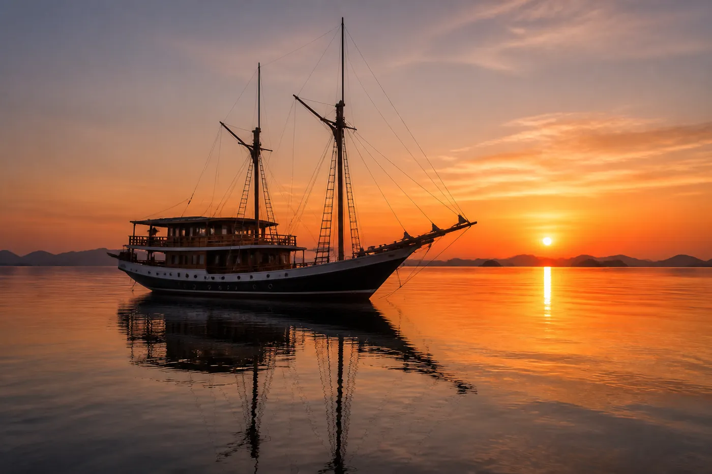 Traditional Indonesian phinisi liveaboard anchored at sunset in calm water