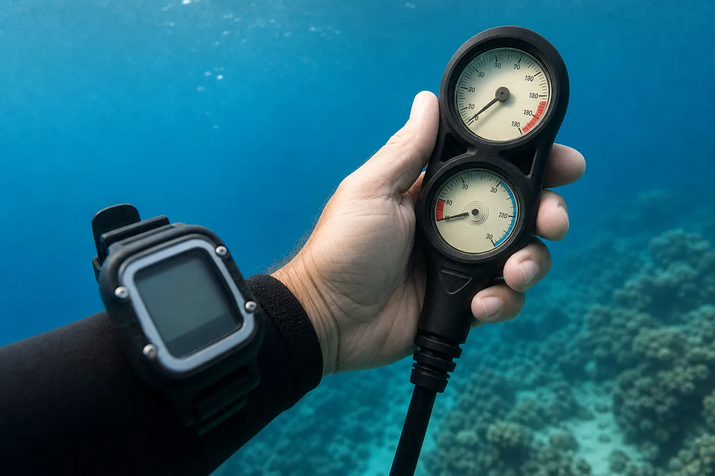Diver checking a submersible pressure gauge and wrist dive computer underwater to track air consumption