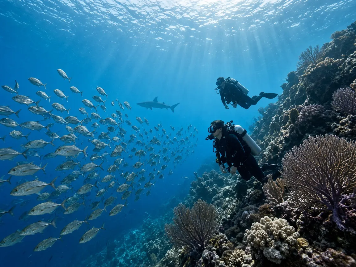 Divers drifting along a reef wall with schooling jacks in a strong current in the Patinti Strait, Halmahera