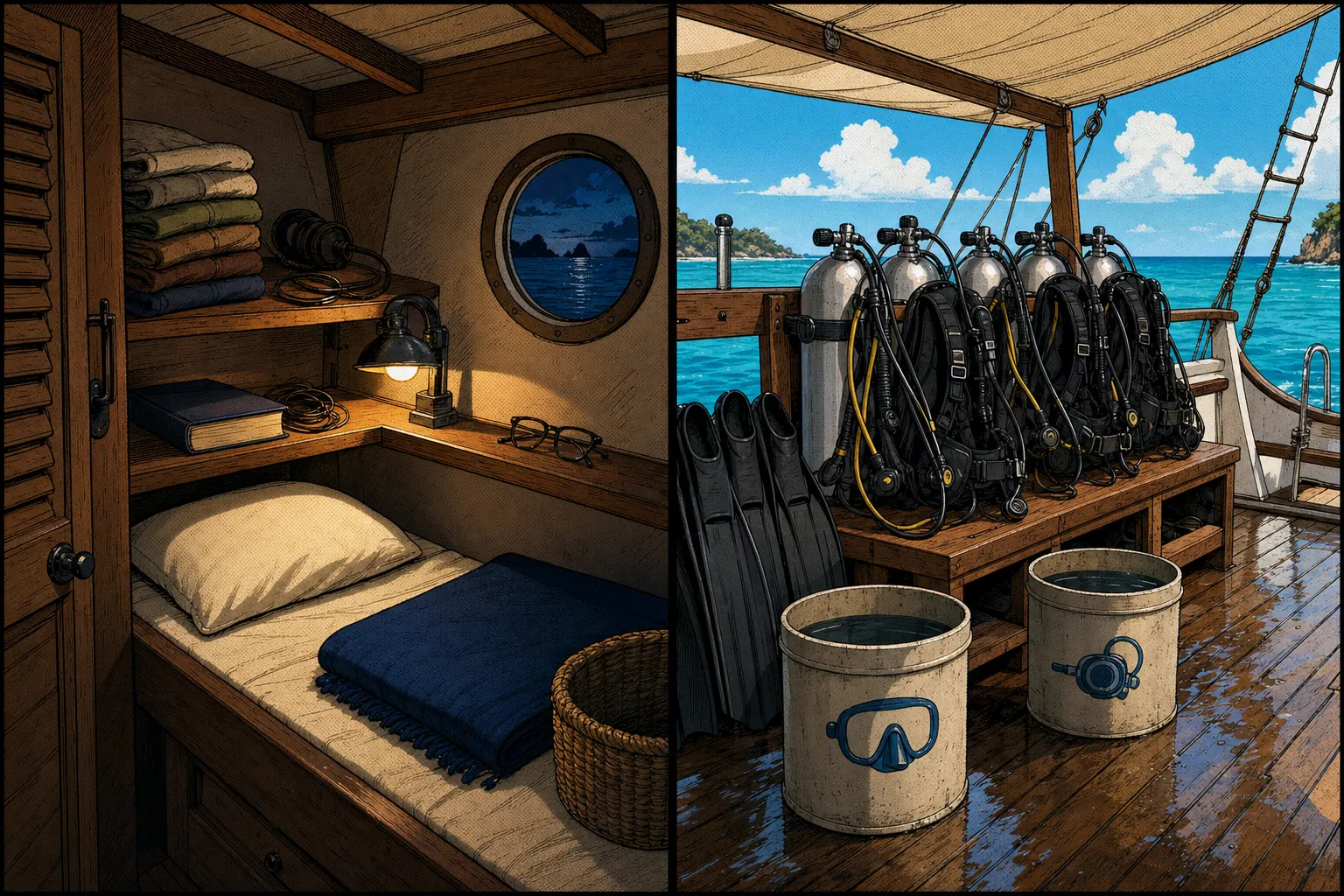 Side-by-side graphic-novel illustration of the two environments on an Indonesian phinisi liveaboard: on the left, the quiet interior of a wooden cabin with a built-in shelf above a single bunk holding a neat stack of folded earth-tone shirts, a hardback book, a small electric reading lamp giving warm amber light, a coiled cable, and a folded pair of square-framed reading glasses, with a porthole showing a dark blue tropical evening; on the right, the open midday dive deck of the same boat shaded by a canvas awning, with wooden gear racks holding rigged scuba tanks and BCD vests, regulator hoses neatly coiled, swim fins propped on the rack, two wooden rinse barrels labelled with painted icons of a mask and a regulator, and bright turquoise tropical sea visible beyond the rail