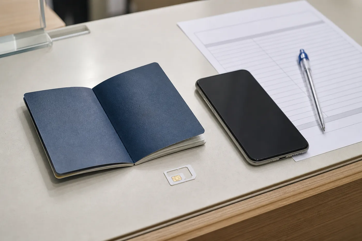 A passport, a small SIM card and a smartphone lying on a counter during mobile network registration, with a paper form alongside