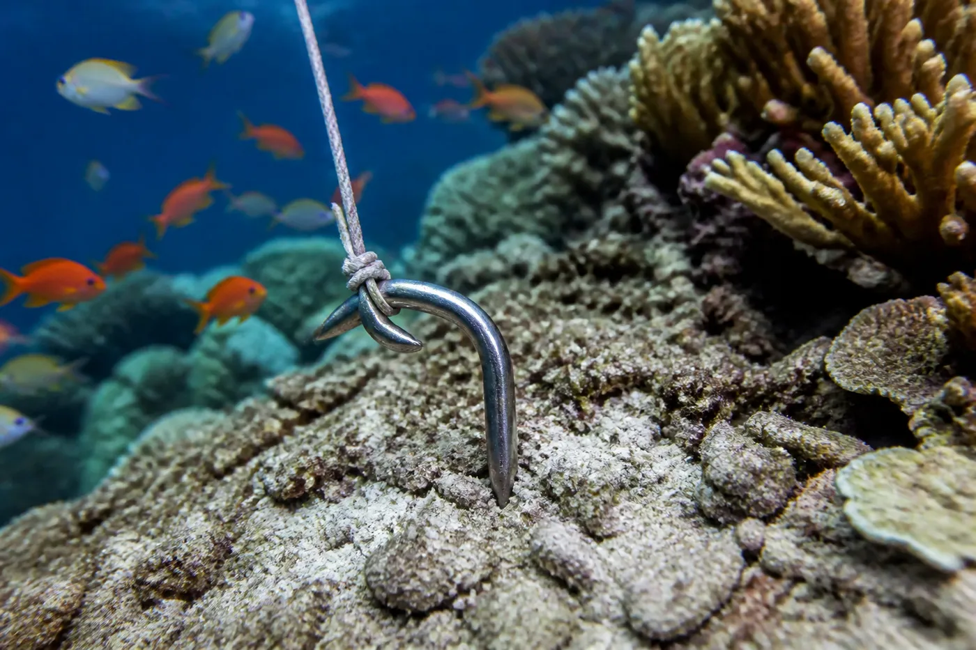 Close-up of a stainless steel reef hook set into bare dead rock on a tropical reef, with its line running up and away, and healthy coral growing nearby untouched
