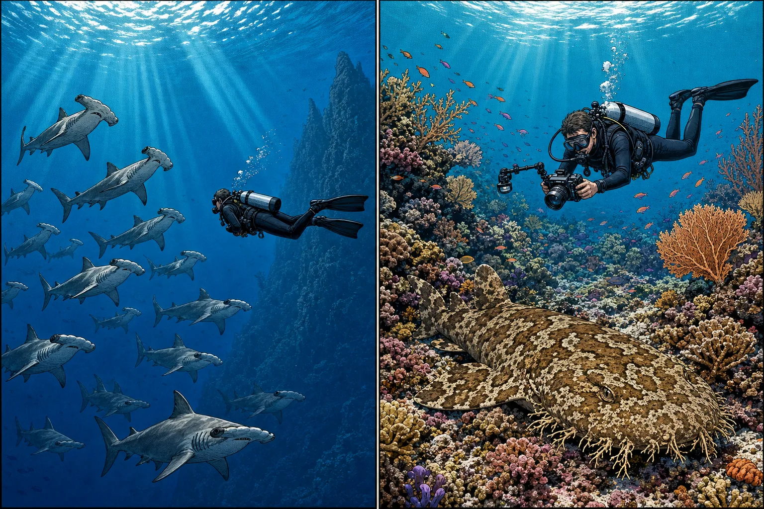 Side-by-side illustration of two flagship Indonesian shark species: on the left, a school of about fifteen scalloped hammerhead sharks cruising in deep blue open water in the Banda Sea while a single scuba diver hovers in perfect horizontal trim in mid-water at respectful distance, body parallel to the surface, fins clear of any reef; on the right, a tasselled wobbegong (a flat camouflaged carpet shark with intricate brown patterning and skin tassels around the head) resting motionless on a healthy coral bommie in Raja Ampat while a single scuba diver photographs it from above with an underwater camera, hovering in horizontal trim at safe distance well clear of the reef substrate