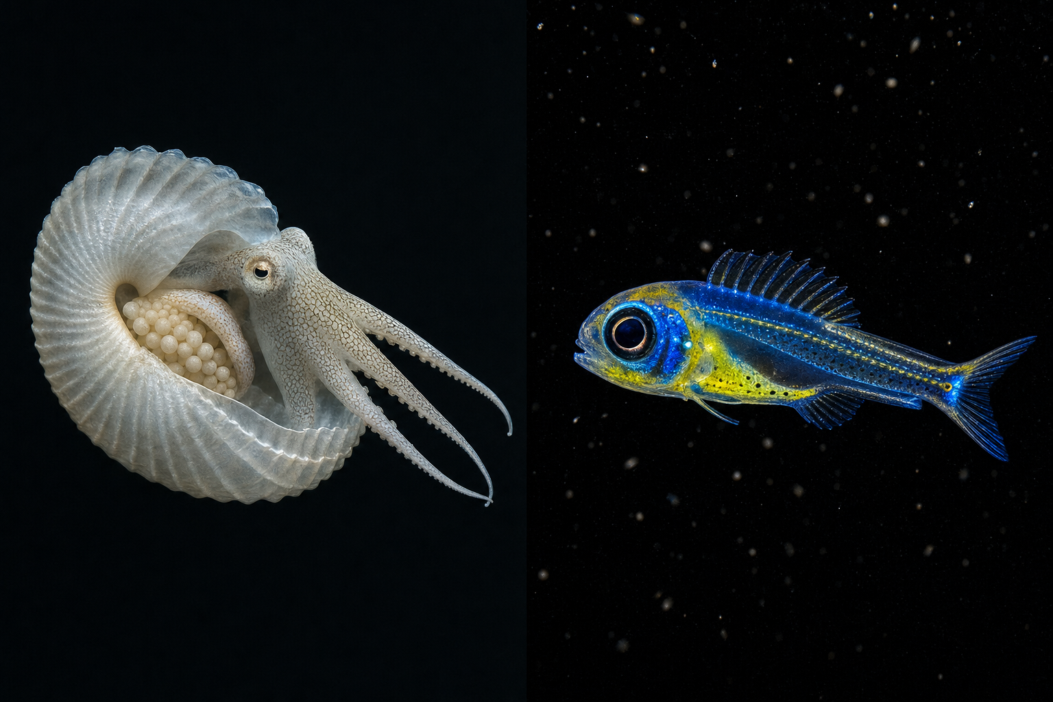 Side-by-side macro illustration of two iconic black water photography subjects shot in pure black mid-ocean water at twenty metres depth: on the left, a single adult female paper nautilus argonaut with her fragile spiral shell perfectly intact and clusters of pale eggs visible inside the shell, drifting horizontally with her tentacles extended, lit by precise twin macro strobes against pure black background; on the right, a brightly iridescent yellow and electric-blue larval mahi mahi about three centimetres long with developing dorsal fin and disproportionately large eye, also against pure black water with fine plankton particles visible in the strobe-lit volume