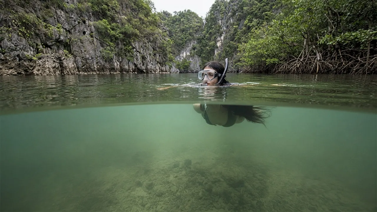 Snorkeller floating alone at the surface of a green marine lake ringed by limestone cliffs and jungle in Misool, Raja Ampat, with no jellyfish visible