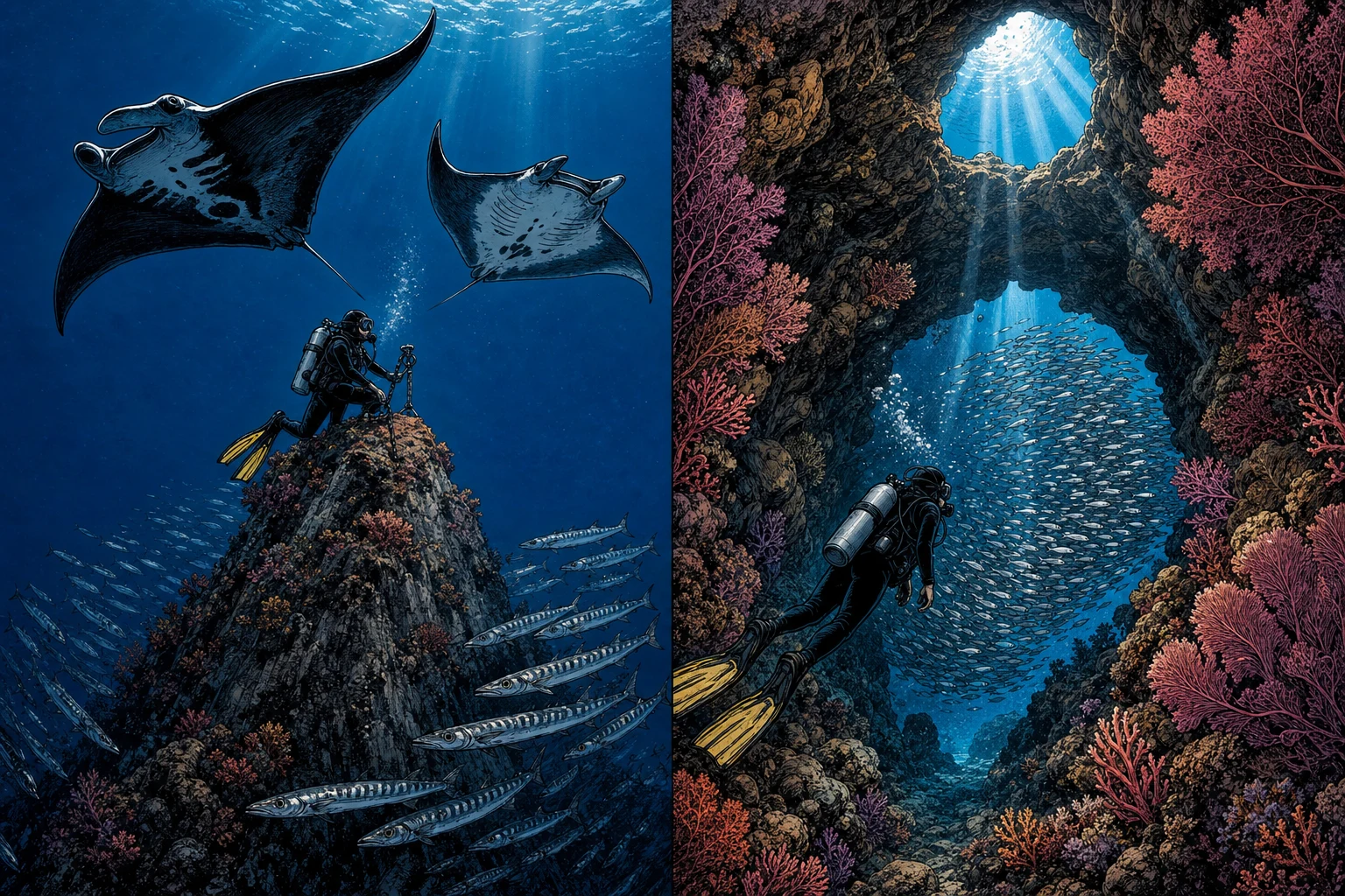 Side-by-side illustration of two iconic Raja Ampat Misool dive sites: on the left, an oceanic manta and a reef manta circling above the pinnacle at Magic Mountain seamount with a diver hooked to its peak and barracuda along the slope; on the right, a diver swimming through the natural limestone arch at Boo Windows with a swirling school of silver glassfish filling the swim-through and sunbeams streaming down through soft pink and red corals