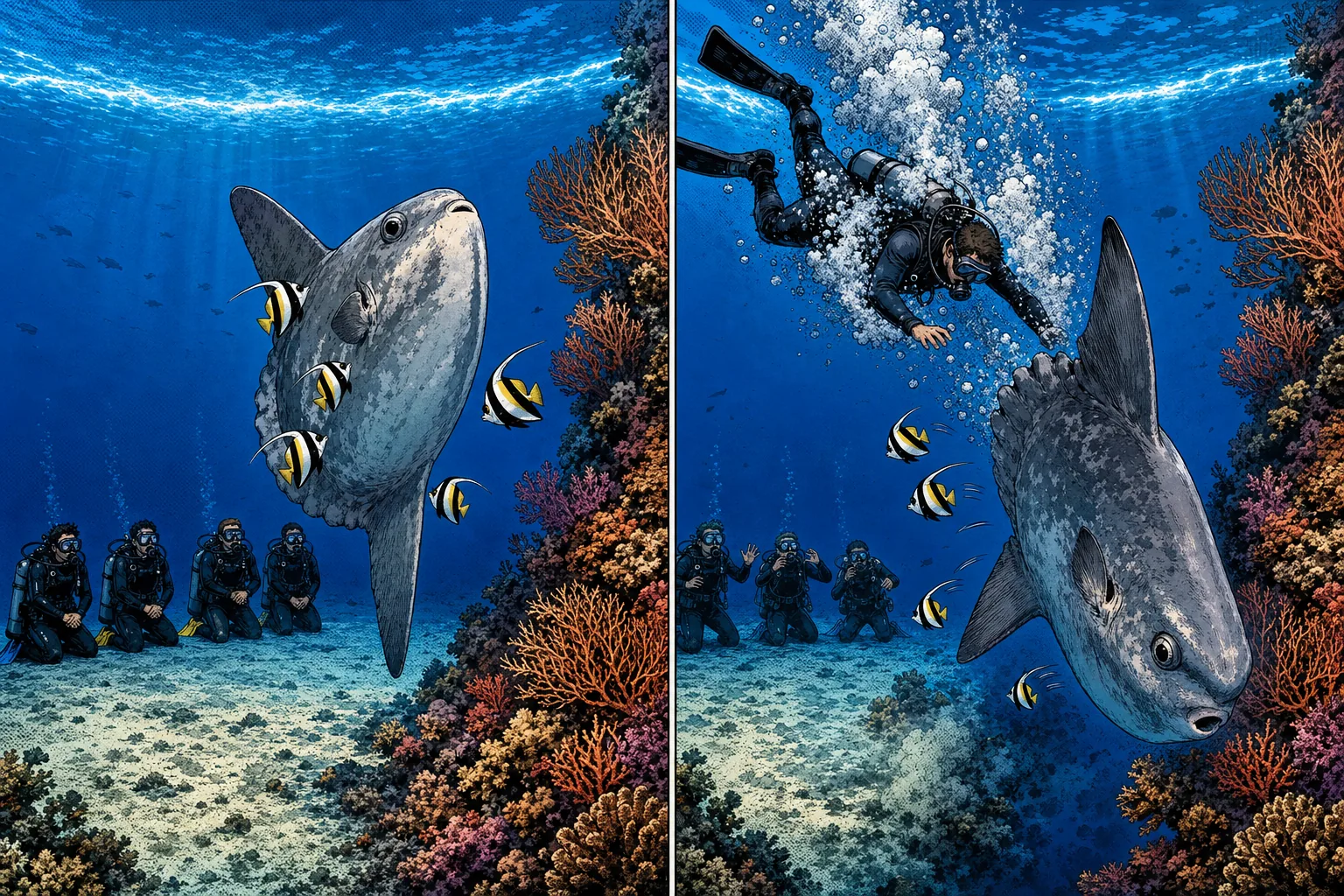 Side-by-side illustration contrasting good and bad encounter etiquette at the Crystal Bay sunfish cleaning station in Bali: on the left, four scuba divers kneel low in a tight horizontal line three metres back from the cleaning patch on a sand shelf, holding still and watching with respect while a calm vertical Mola alexandrini sunfish hangs above the patch surrounded by yellow-and-black bannerfish picking parasites; on the right, a single careless diver swims directly above and toward the mola with fins kicking aggressively and a large bubble cloud spreading, the alarmed mola tilted away and starting to dive into deeper blue water as the cleaning fish scatter