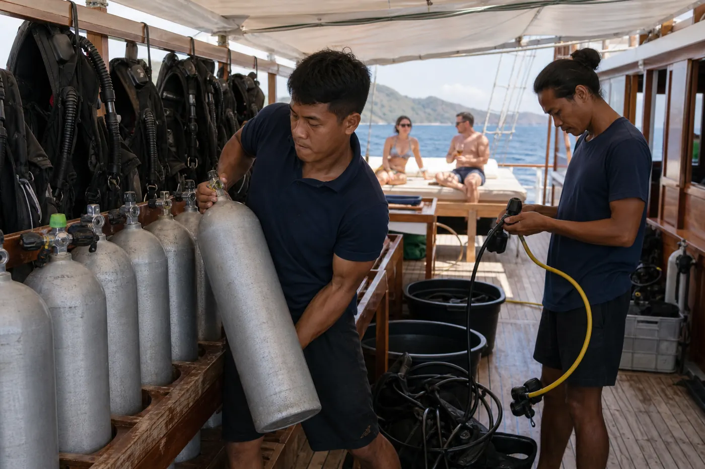 A deckhand in a crew polo shirt lifts a heavy scuba tank and BCD onto the dive deck bench of an Indonesian phinisi liveaboard while a guide checks a regulator, both working in the shade of the deck as guests relax in the background